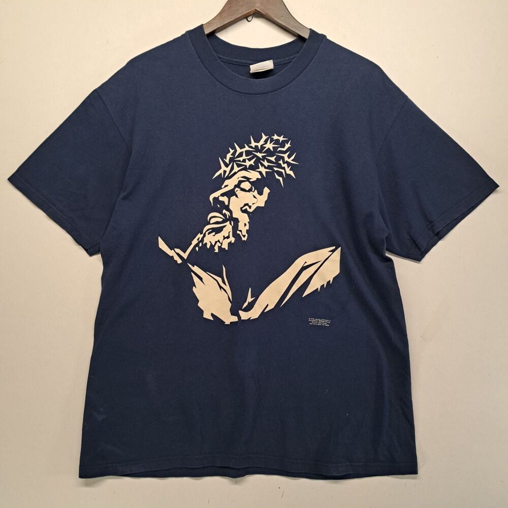 Vintage Jesus T Shirt 90s Y2K Large Hanes Heavyweight Navy Religious Graphic